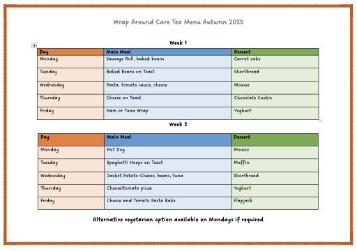 After School Care Club Tea Menu 2025-26